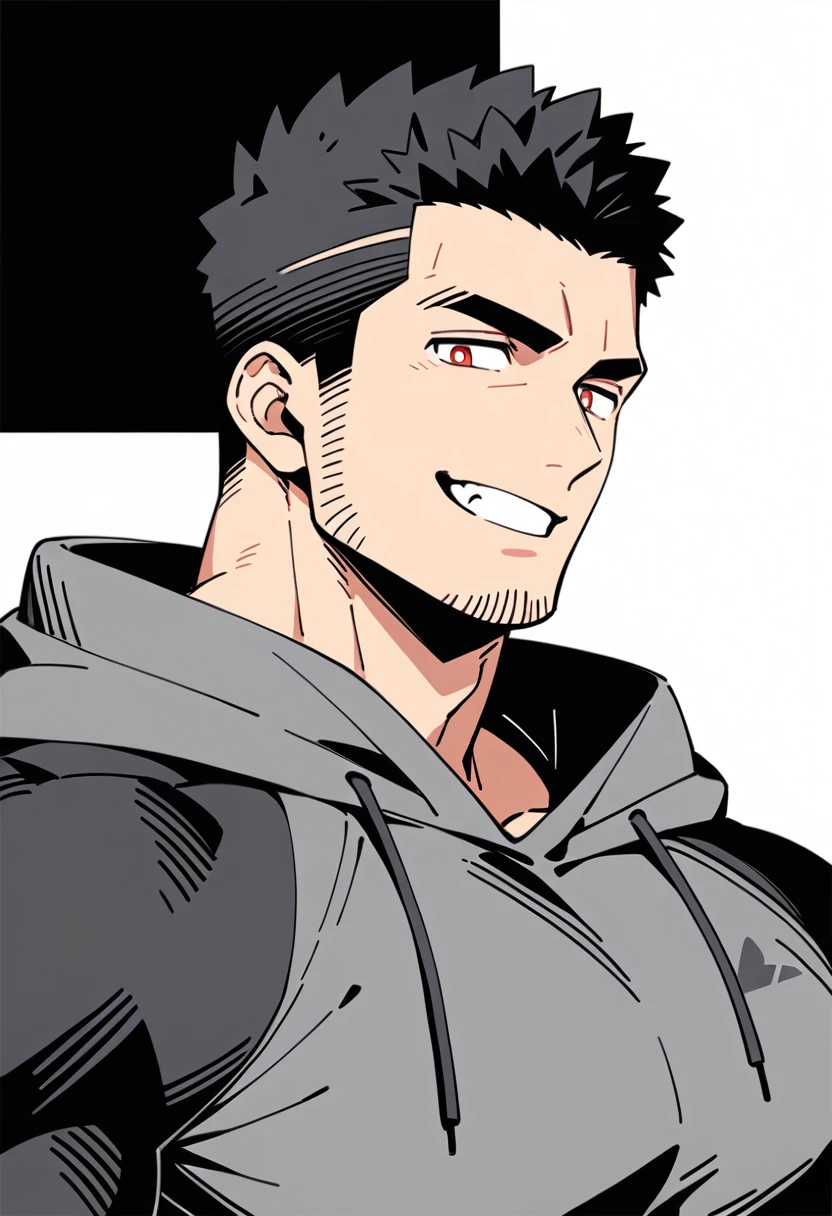 anime characters:Priapus, Black Black Skin Muscle Sports Student, Manliness, male focus, Sports tight hooded sweatshirt, Wear a high-necked tights underneath, Very tight, Huge pectoral muscles, muscular male, muscular, only, Upper body, alone, Red short hair, Thick eyebrows, Stubble, Brown-red pupils, White background, Solid color background, Clean background, simple background, amazing quality, best aesthetics, Ridiculous, crew cut, smirk, bright pupils, grin, negative space, negative space, best quality