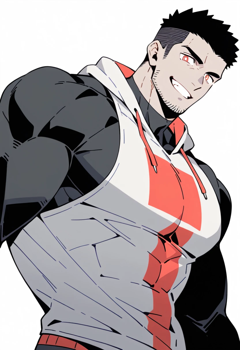 anime characters:Priapus, Black Black Skin Muscle Sports Student, Manliness, male focus, Sports tight hooded sweatshirt, Wear a high-necked tights underneath, Very tight, Huge pectoral muscles, muscular male, muscular, only, Upper body, alone, Red short hair, Thick eyebrows, Stubble, Brown-red pupils, White background, Solid color background, Clean background, simple background, amazing quality, best aesthetics, Ridiculous, crew cut, smirk, bright pupils, grin, negative space, negative space, best quality