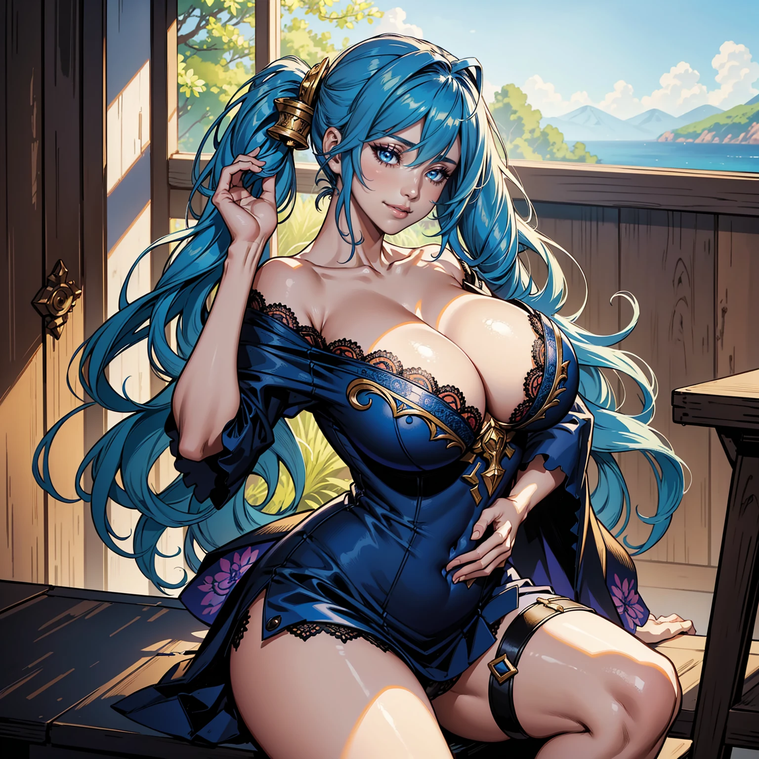 Masterpiece, Ultra extremely detailed, Insanely Definition - quality, 8k, (vibrant colors,vibrant theme), (intricate), full body , NSFW,                                                                                                    
illustration, colorful, falt color, depth of field, lens flare, 1girl, sona \ league of legends , blue hair, blue eyes, gradient hair, twintails, hair ornament, anime, shortstack ,  shortstackBT , closeup , upper body , sitting, looking at viewer, school, classroom, lace underwear, short height, navel, detailed skin texture, beautiful detailed face, smile, seductive, alluring attire, collarbone, gigantic breasts, saggy breasts, huge breasts, curvy, voluptuous, curvaceous , hands on hips 
