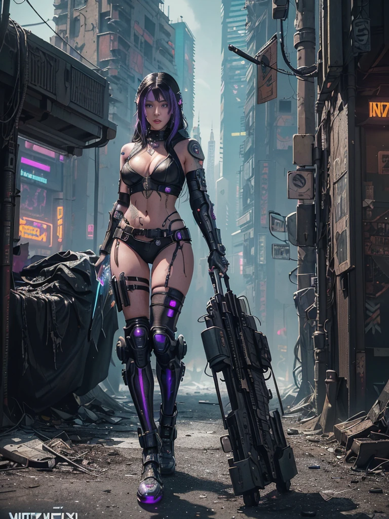 Unbeatable masterpiece, Ultra photo realsisim, Perfect Artwork, Intricate details, Best Quality, strong lights,High contrast,((Post apocalyptic futuristic Cyberpunk , outline):1.35) , ((masterpiece)),((Extremely detailed)) , ((extremely detailed and beautiful face)) , Smoky makeup, Perfectcomposition , intricate detailes , neon light , neon trim, (full body Esbian:1.25) , (Official art) , Very delicately beautiful cyberpunk girl, long black colored hair blowing in the wind, vibrant purple eyes, long detailed eyelashes, huge enormously gigantic , cleavage showing, wearing highly detailed futuristic hooded battle armor, tons of tattoos and piercings(1girl:1.3) , Solo , (glass screen:1.2) , (Clear glass) , Tindall Effect , Colorful refraction , visual impact , (High light contrast) , Colorful , Melt , (Cyberpunk:1.2) ,(flinch :1.4) ,
