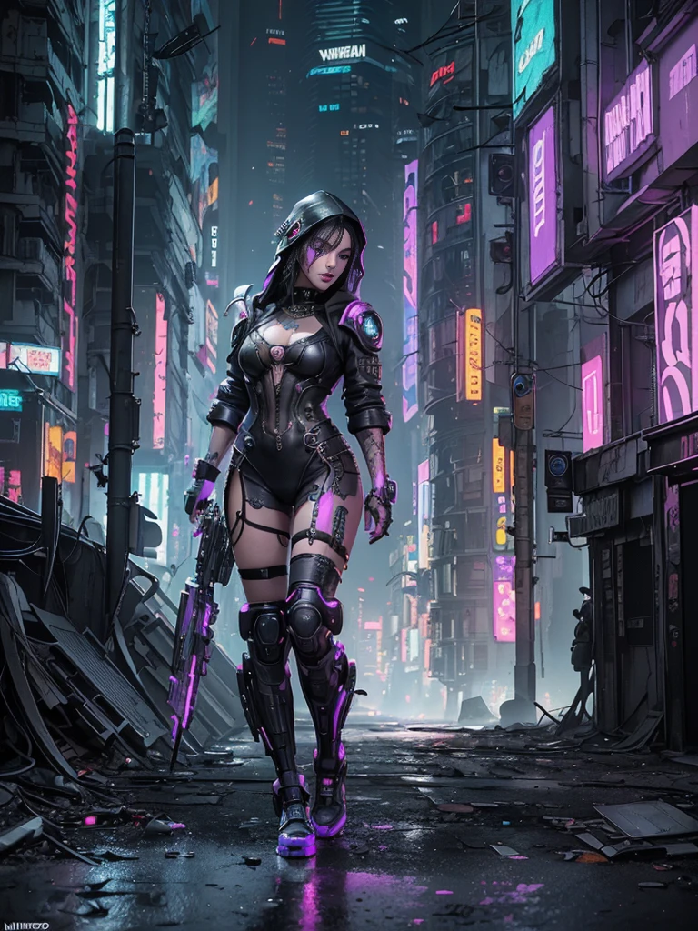Unbeatable masterpiece, Ultra photo realsisim, Perfect Artwork, Intricate details, Best Quality, strong lights,High contrast,((Post apocalyptic futuristic Cyberpunk , outline):1.35) , ((masterpiece)),((Extremely detailed)) , ((extremely detailed and beautiful face)) , Smoky makeup, Perfectcomposition , intricate detailes , neon light , neon trim, (full body Esbian:1.25) , (Official art) , Very delicately beautiful cyberpunk girl, long black colored hair blowing in the wind, vibrant purple eyes, long detailed eyelashes, huge enormously gigantic , cleavage showing, wearing highly detailed futuristic hooded battle armor, tons of tattoos and piercings(1girl:1.3) , Solo , (glass screen:1.2) , (Clear glass) , Tindall Effect , Colorful refraction , visual impact , (High light contrast) , Colorful , Melt , (Cyberpunk:1.2) ,(flinch :1.4) ,