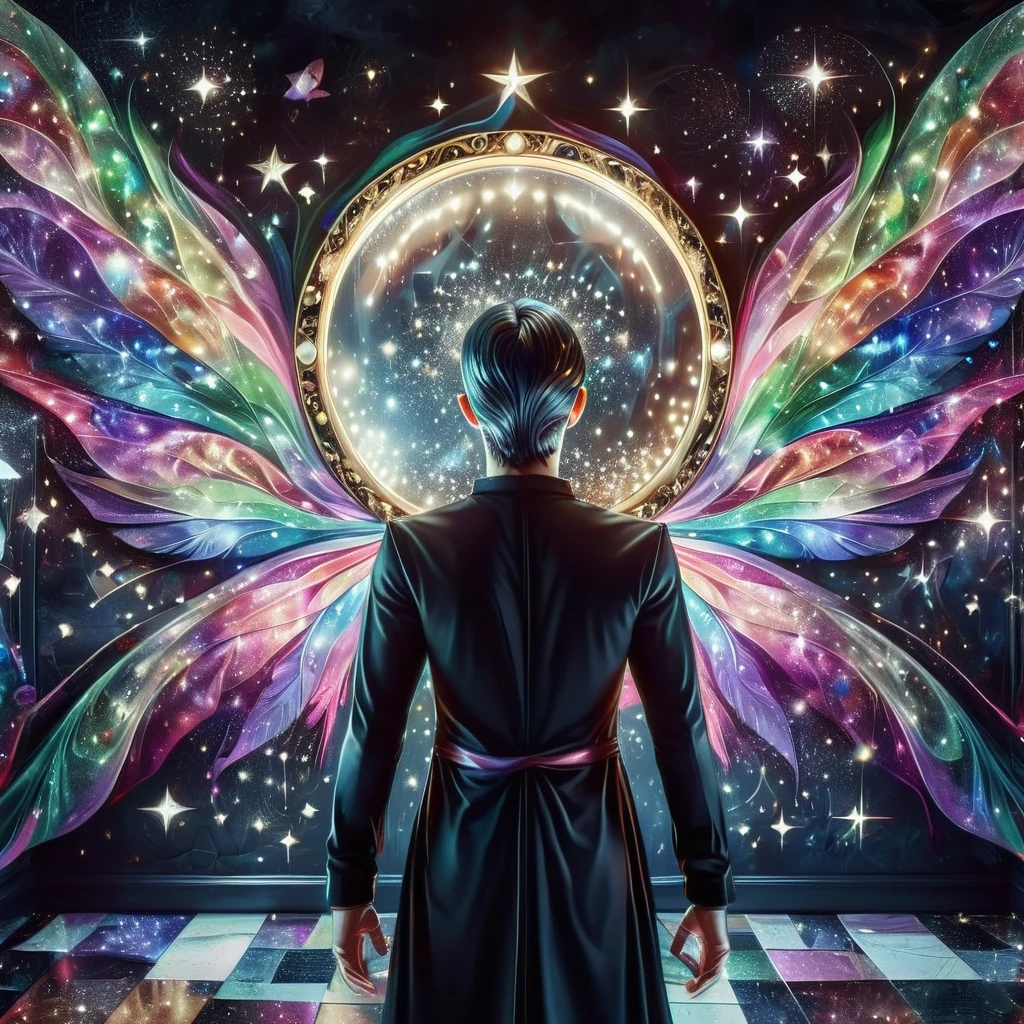 masterpiece, Super detailed, DonMF41ryW1ng5XL, mirror, mirror on the Wall, Who is the most beautiful among these??, Reflection of a beautiful magician in black clothes,