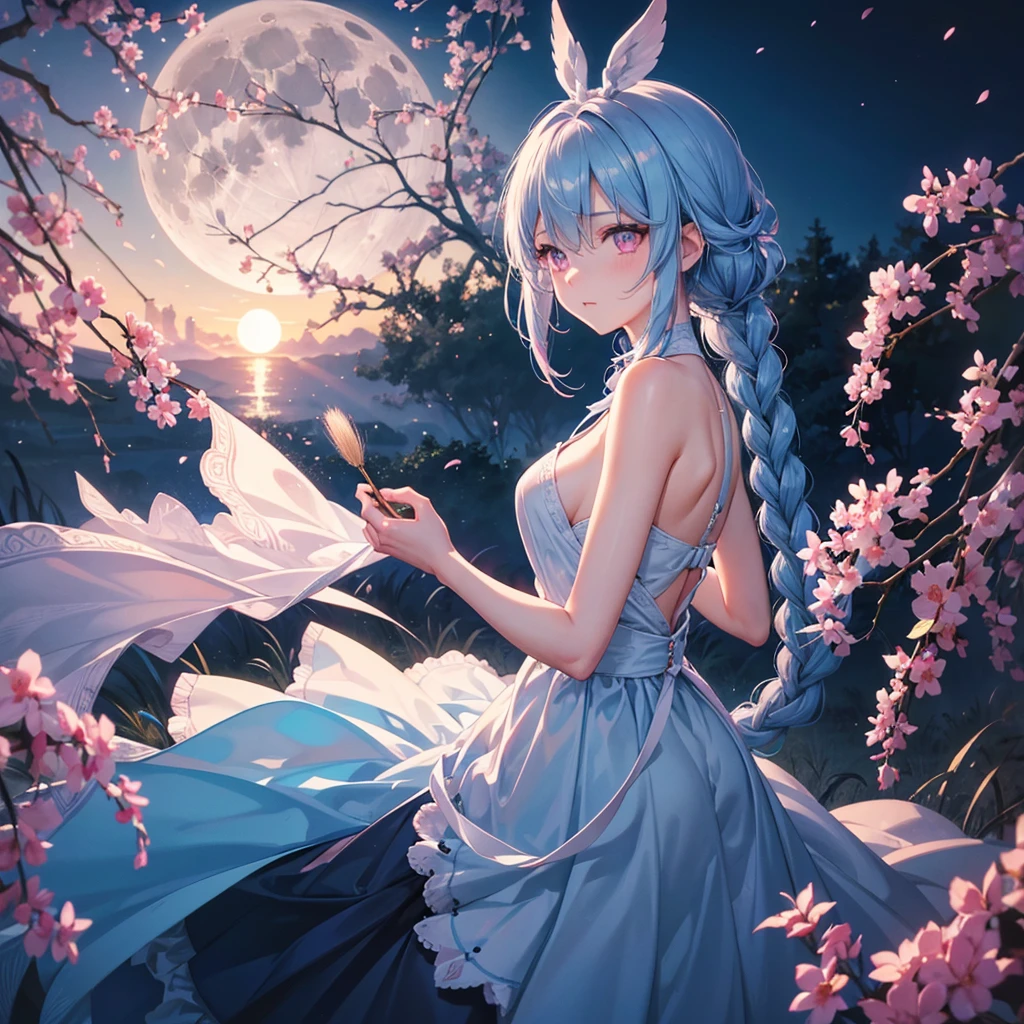Sky blue hair, (Braided Ponytail), Pink eyes,Fair skin ,(whole body),(One Girl),Tsukimi,Dumpling,Japanese pampas grass,(beautiful, Full moon shining in the night sky),(masterpiece, Highest quality, Very detailed, Best Shadow), (Detailed Background), (Beautifully detailed face), High Contrast, (Best lighting, Very delicate and beautiful), ((Cinematic Light)), colorful, Hyper Detail,8k, Dramatic Light, Intricate details,Sit and eat dumplings while watching the moon,Rabbit pattern on the moon