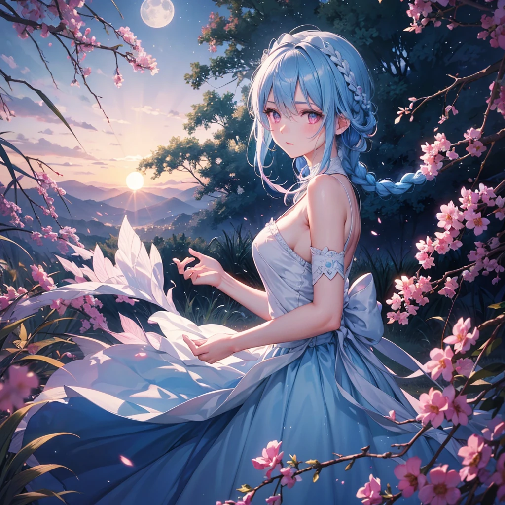 Sky blue hair, (1 braided hair), (Pink eyes),Fair skin) ,(whole body),(One Girl),(White sweet dumpling),Miscanthus sinensis,(full moon),(masterpiece, Highest quality, Very detailed, Best Shadow), (Detailed Background), (Beautifully detailed face), High Contrast, (Best lighting, Very delicate and beautiful), ((Cinematic Light)), Hyper Detail,8k, Dramatic Light, Intricate details,