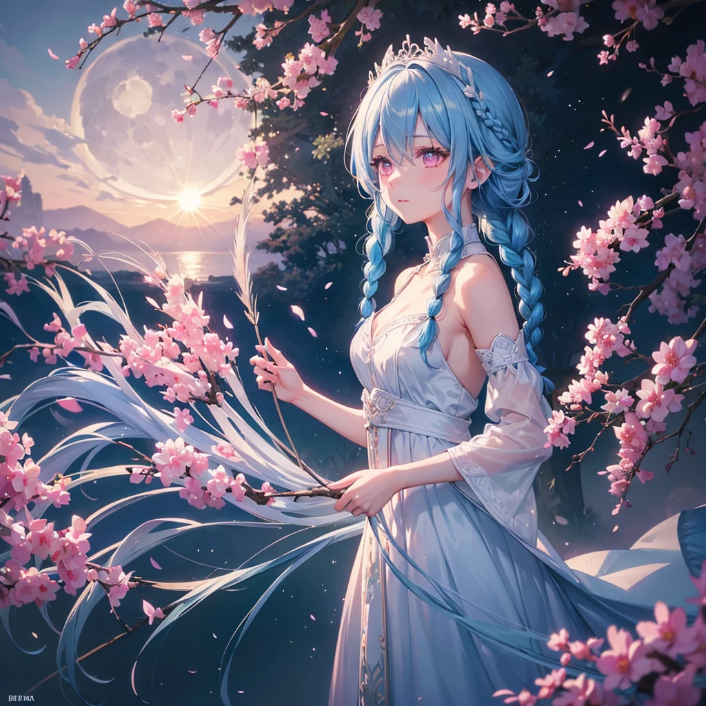 Sky blue hair, (1 braided hair), (Pink eyes),Fair skin) ,(whole body),(One Girl),(White sweet dumpling),Miscanthus sinensis,(full moon),(masterpiece, Highest quality, Very detailed, Best Shadow), (Detailed Background), (Beautifully detailed face), High Contrast, (Best lighting, Very delicate and beautiful), ((Cinematic Light)), Hyper Detail,8k, Dramatic Light, Intricate details,
