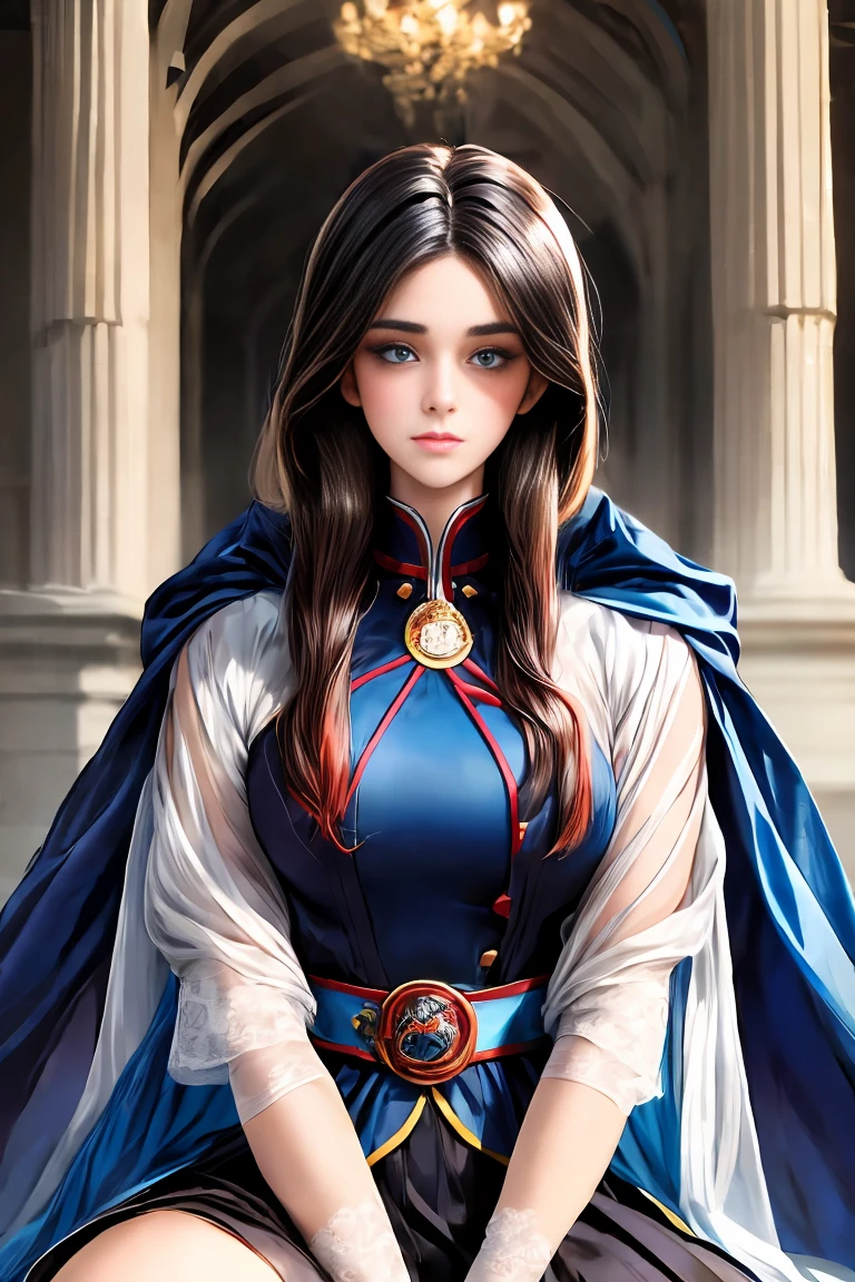 masterpiece, 最high quality, high quality, 1 girl, alone, Female focus, Watching the audience, Messy black hair, Adorable big blue eyes, White, Noble, Noble, Beautiful tailcoat、A very voluminous, large, very large, very large, long, long red and black cape with a high stand-up collar, made of a lot of fabric that reaches down to the floor., 23 years old,Cute beautiful girls,Cute, cute, kind, pretty girl, philippines