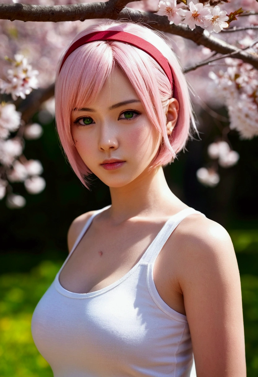 haruno sakura, naruto \(series\), naruto shippuuden, 1girl, accurate konohagakure symbol, bangs, breasts, closed mouth, elbow sleeve, eyes visible through hair, floating hair, forehead protector, foreshortening, green eyes, hair intakes, hairband, looking at viewer, parted bangs, pink hair, red shirt, shirt, short hair, sleeveless, sleeveless shirt, medium breasts, solo, upper body, v-shaped eyebrows, ((masterpiece)), (best quality, highres:1.2), 1girl, beautiful detailed eyes, beautiful detailed lips, extremely detailed eyes and face, long eyelashes, HDR, studio lighting, sharp focus, physically-based rendering, extreme detail description, portraiting breasts, perfect shape, facing viewer, sweaty, gorgeous, appearing in full frame, good-looking, Beautiful fair skin and luster, Beautiful eyes are big and bright, Small mouth and thin lips, Goodness of style and slendernes), beautiful girl illuminated by seven colors of light, Irridescent coloe, showing off her figure, seductive and confident, enchanting aura, surrounded by cherry blossom trees, delicate and vibrant petals falling all around her, soft pink and white colors, sunlight filtering through the trees, creating a warm and dreamy atmosphere, show nipples, big breasts, show vagina, spread legs..