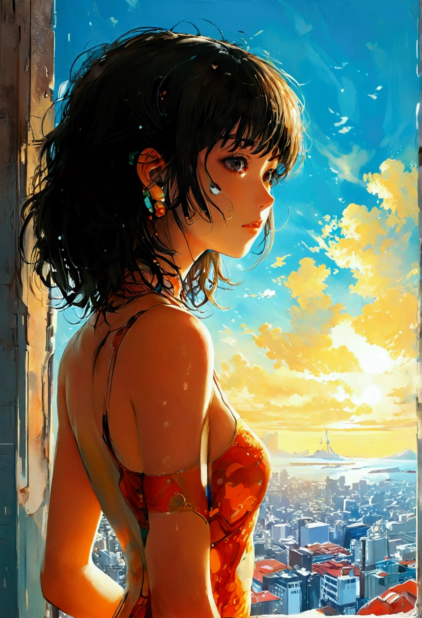 anime girl back to back girl looking at each other, in the style of katsuhiro otomo, satoshi kon artstyle, inspired by Otomo Katsuhiro, satoshi, inspired by Josan Gonzalez, by Otomo Katsuhiro, katsuhiro tomo, satoshi con, katsuhiro - otomo, by Hirohiko Araki, katsuhiro otomo style