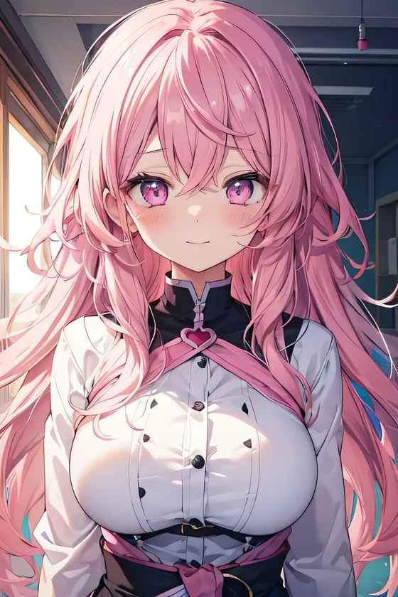 girl, cute anime girl, smile, pink hair, long hair, messy hair, wavy hair, pink eyes, blushing, girl, big tits, beautiful hair style, (((Best Quality: 1.4)))
