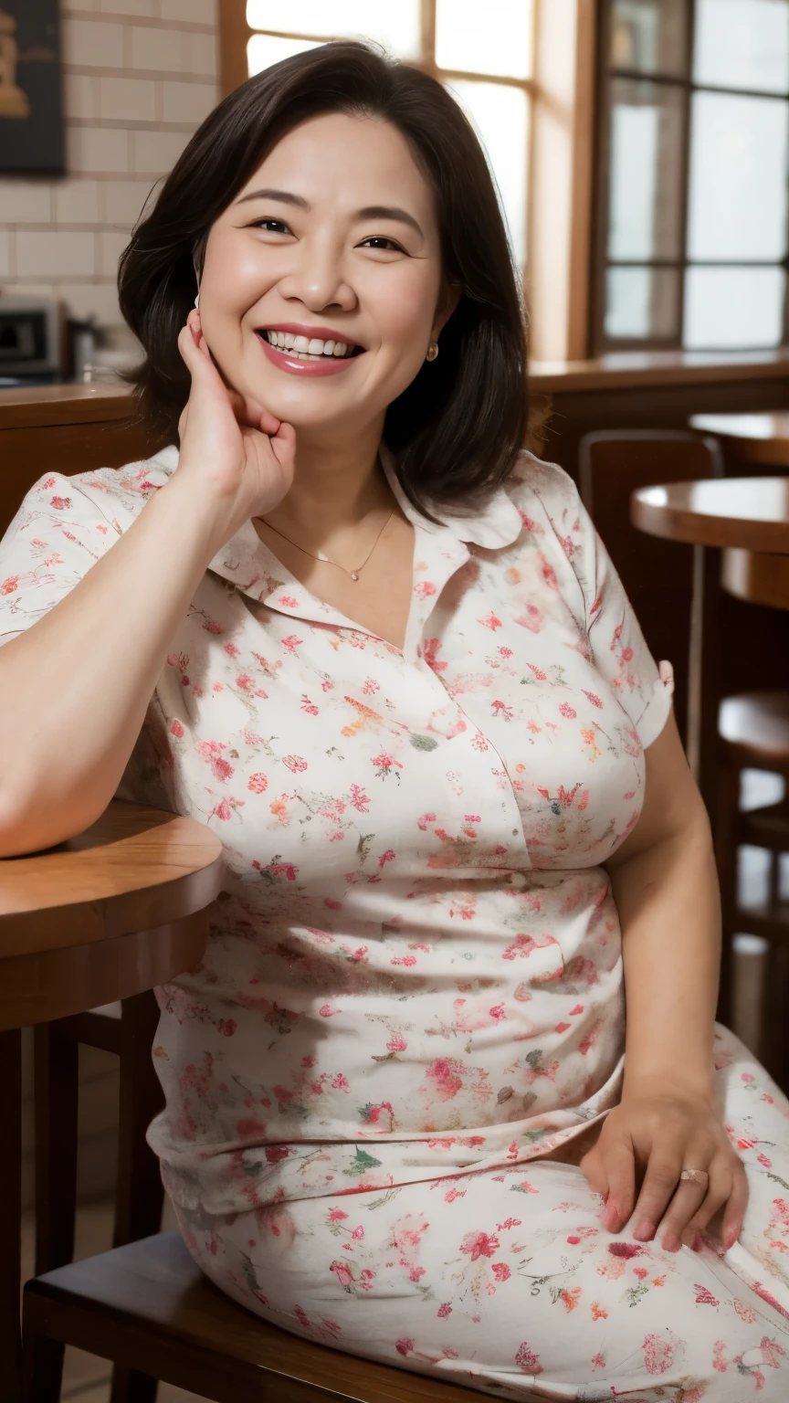 8k wallpaper, masterpiece, Highest quality, Very detailed, One Mature Woman, 50 years old, Become very clear, Wearing a spring-like shirt, Skin dents, Captivating smile, Looking at the audience, , Plump, Curvaceous, Attractive face, Smiling with teeth showing, I was happy, sitting in a cafe, Background Blur