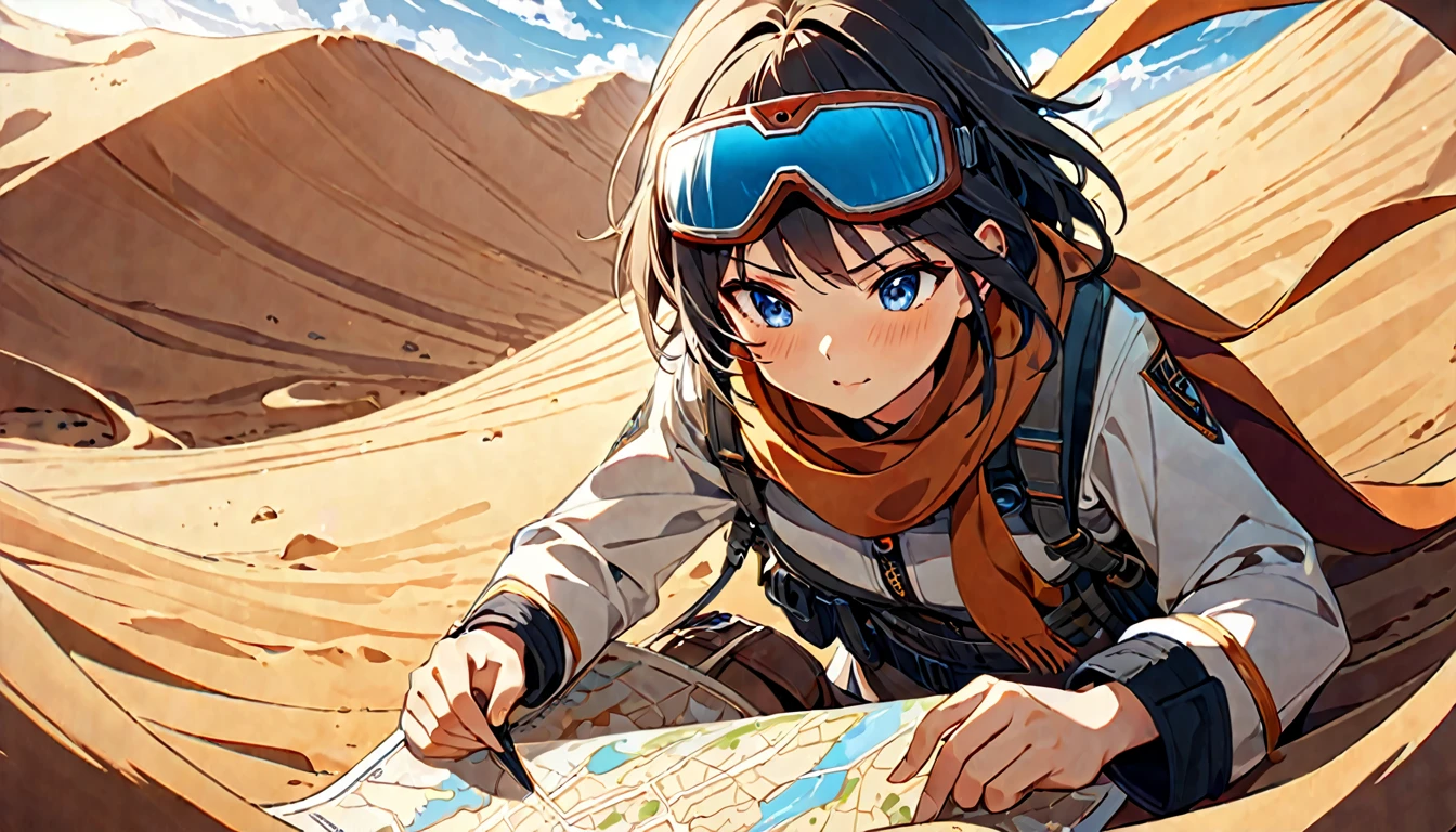 **170. One person。Desert Adventurer。Adventure。Cowboy shot or close-up。
masterpiece, best quality, ultra detailed (Detailed fingers), (Emotional), (Breathtakingly beautiful),
(main part: 1.2 Whole body。), (Anime Style), (Very detailed), (Brutal),
(超High resolution, High resolution), (8k), (High resolution: 1.2), (Complex and beautiful: 1.2)**
- background: Vast desert、A landscape of sand dunes and ancient ruins。
- Adventurer: Woman dressed in explorer clothes、A scarf and goggles to protect against the desert wind。
-pose: Spreading out a map on the sand dunes, searching for our next destination。
-expression: A mixture of excitement and determination on the expedition、Taking on a new adventure。
- Effects: The sandstorm and sunlight accentuate the harshness and beauty of the adventure.。
-color: The contrast between the warm sand and the blue sky、The desert colors spread。