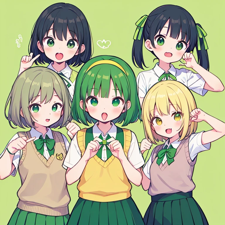like emoticons, long tongue, show tongue, Aayotsuba, short hair, hair ribbon, green ribbon, hair band, green bow, collared shirt, Sweater-vest, yellow sweater, Short sleeves, green skirt, pleated skirtsimple background