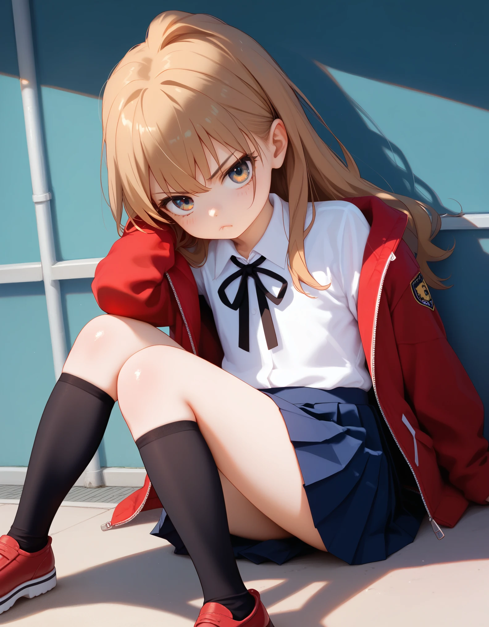 masterpiece, best_quality, 1girl, aisaka_taiga, brown_eyes, brown_hair, long_hair, flat_chest, pleated_skirt, blue_skirt, white_shirt, collared_shirt, black_thighhighs, black_ribbon, neck_ribbon, jacket, red_jacket, pout