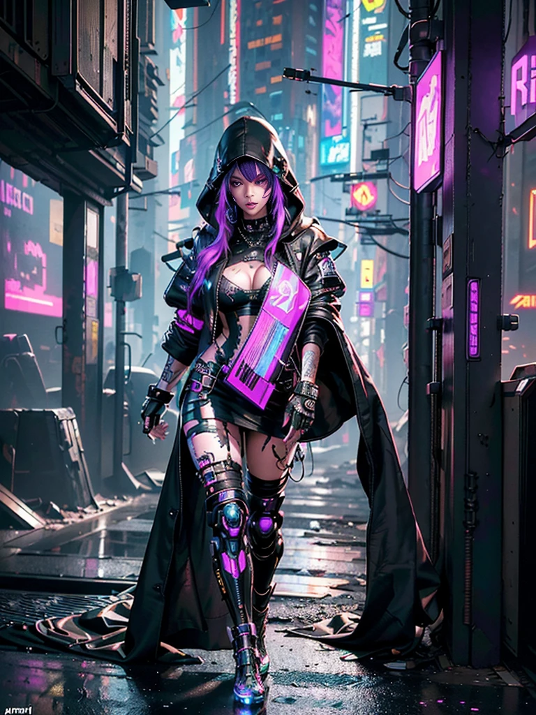 Unbeatable masterpiece, Ultra photo realsisim, Perfect Artwork, Intricate details, Best Quality, strong lights,High contrast,((Post apocalyptic futuristic Cyberpunk , outline):1.35) , ((masterpiece)),((Extremely detailed)) , ((extremely detailed and beautiful face)) , Smoky makeup, Perfectcomposition , intricate detailes , neon light , neon trim, (full body Esbian:1.25) , (Official art) , Very delicately beautiful cyberpunk girl, long black colored hair blowing in the wind, vibrant purple eyes, long detailed eyelashes, huge enormously gigantic , cleavage showing, wearing highly detailed futuristic hooded battle armor, tons of tattoos and piercings(1girl:1.3) , Solo , (glass screen:1.2) , (Clear glass) , Tindall Effect , Colorful refraction , visual impact , (High light contrast) , Colorful , Melt , (Cyberpunk:1.2) ,(flinch :1.4) ,
