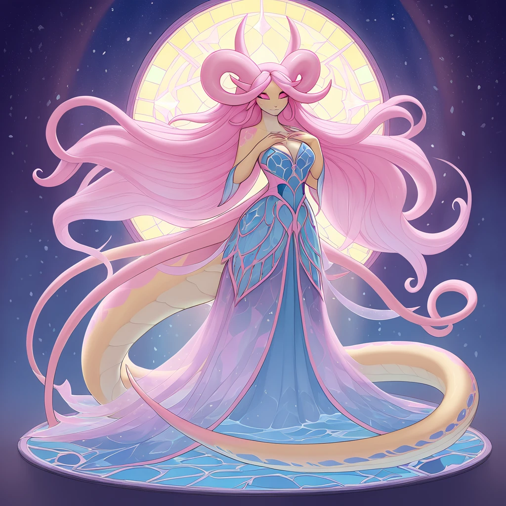 sea serpent-like monster girl with light-yellow scales and a long tail with a blue and pink stained glass pattern and tipped with four feather-like blue fins with pink and they have long silky pink hair with darker pink trailing head-tails a single white curved horn and curled pink antenna and dressed in a flowing ethereal fantasy dress