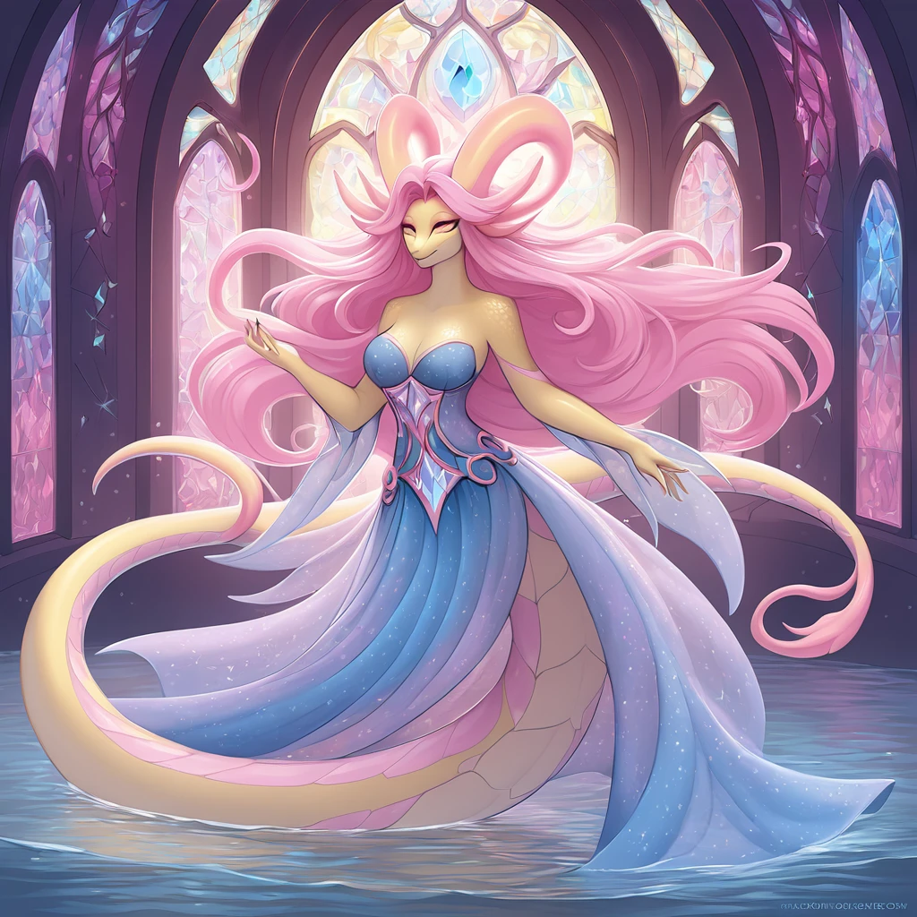 sea serpent-like monster girl with light-yellow scales and a long tail with a blue and pink stained glass pattern and tipped with four feather-like blue fins with pink and they have long silky pink hair with darker pink trailing head-tails a single white curved horn and curled pink antenna and dressed in a flowing ethereal fantasy dress