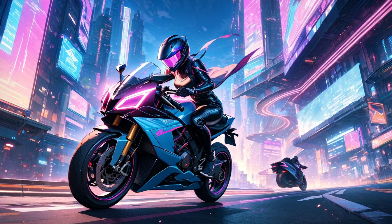 ((masterpiece)), ((Best Quality)), (Very detailed), ((Very detailed)), 4k, (8k), very aesthetic, Absurdres Highres, 1 chico, motorcycle, riding, speed lines, Motion blur, dynamic pose, wind effects, futuristic city, evening, Neon lights, pink lighting, blue lighting, violet lighting, holographic display, aerodynamic motorcycle, lanterns, futuristic helmet, Leather suit, high tech equipment, Skyscraper, metallic, cyberpunk, holographic ads, strong contrast, speed, happiness