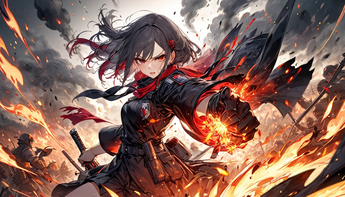 **174. One person。Fated Rivals。Showdown。Cowboy shot or close-up。
masterpiece, best quality, ultra detailed (Detailed fingers), (Emotional), (Breathtakingly beautiful),
(main part: 1.2 Whole body。), (Anime Style), (Very detailed), (Brutal),
(超High resolution, High resolution), (8k), (High resolution: 1.2), (Complex and beautiful: 1.2)**
- background: Rough battlefield、A landscape filled with smoke and flames。
- character: Woman in combat uniform、With weapons in hand、taking a fighting stance。
-pose: Confront the enemy、They are showing a tense stance.。
-expression: A look of strong determination and anger、Taking on the fateful battle。
- Effects: Smoke and flames of the battlefield、There is a tense atmosphere。
-color: Dark grey and red、Expressing the devastation of the battlefield and the intensity of the fighting。