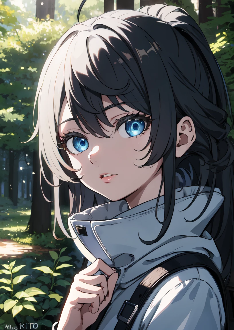 最high quality、masterpiece、High quality、Shining eyes、portrait, high quality, Ukrainian  fairy winter snow in the forest through the trees About , blue eyes, smooth skin, ((最high quality, 8k, masterpiece :1.3)), 1 girl, pretty girl , casual clothes :1.2, in the forest, super detailed face, fine eyes, double eyelid