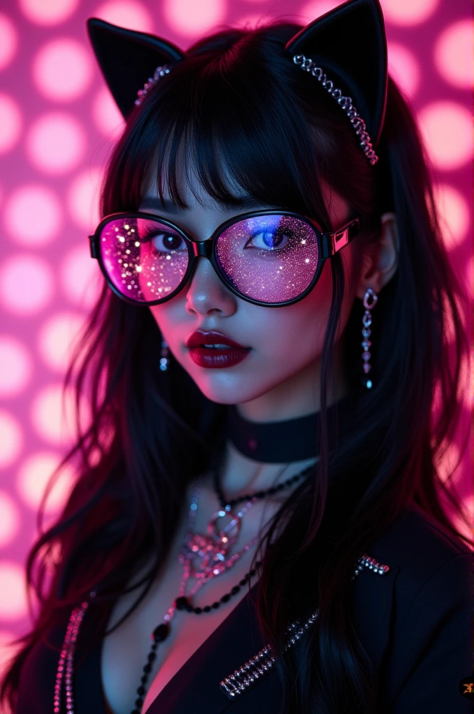 Portrait of an attractive beautiful woman with black hair wearing gothic costume, (Very detailed: 1.2), Hyper-detailed eyes and use of high-tech sunglasses with holographic display 1.2) ,Beautiful multidimensional geometric wall, Vibrant vivid color coloring,