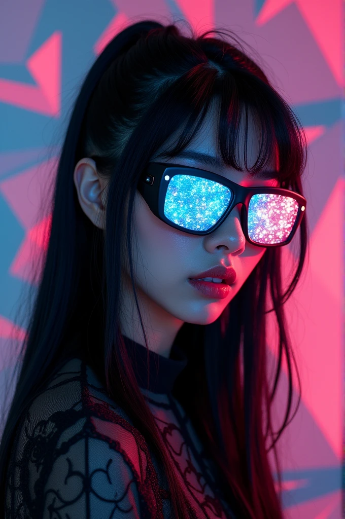 Portrait of an attractive beautiful woman with black hair wearing gothic costume, (Very detailed: 1.2), Hyper-detailed eyes and use of high-tech sunglasses with holographic display 1.2) ,Beautiful multidimensional geometric wall, Vibrant vivid color coloring,