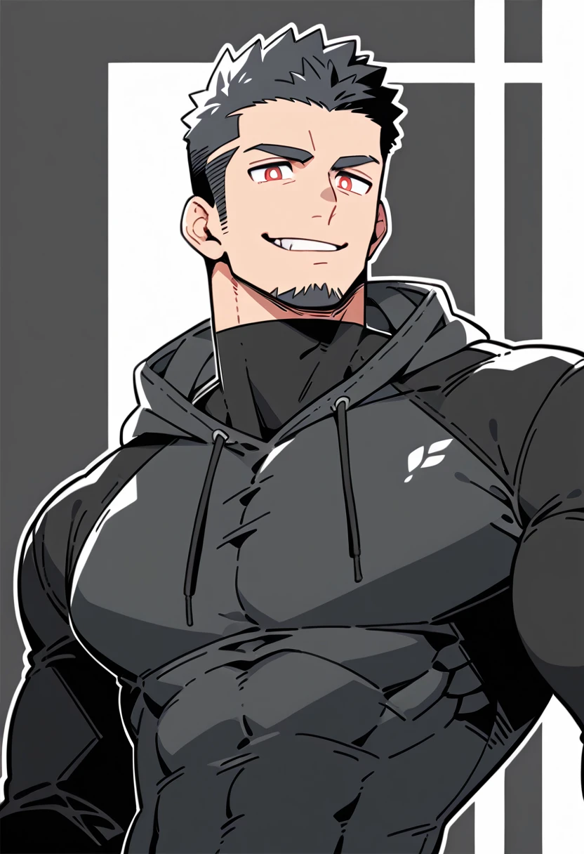 anime characters：Priapus, Black Black Skin Muscle Sports Student, Manliness, male focus, Sports tight hooded sweatshirt, Wear a high-necked tights underneath, Very tight, Huge pectoral muscles, muscular male, muscular, only, Upper body, alone, Red short hair, Thick eyebrows, Stubble, Brown-red pupils, White background, Solid color background, Clean background, simple background, amazing quality, best aesthetics, Ridiculous, crew cut, smirk, bright pupils, grin, negative space, negative space, best quality