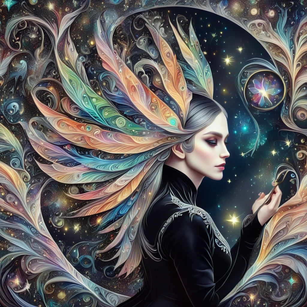 masterpiece, Super detailed, DonMF41ryW1ng5XL, mirror, mirror on the Wall, Who is the most beautiful among these??, Reflection of a beautiful magician in black clothes,