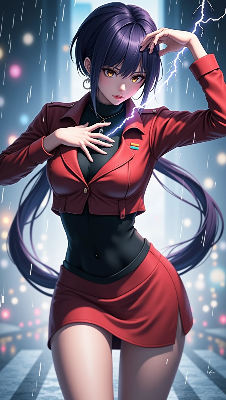 (at night), alone, in a video game scene a background of a beautiful city during the day raining, standing at attention, purple hair, lightning behind her, lightning coming out of her hand ((purple hair)), 1 girl, alone, 20 years old, young woman, perfect hands, beautiful and perfect fingers, long beautiful legs, perfect legs, beautiful body, beautiful nose, beautiful character design, perfect face, look at the viewer with a serious gesture and in a standing position attack (focusing on his face), closed mouth, Light_Smile, official art, extremely detailed CG unity 8k wallpaper, perfect lighting, bright and colorful front lighting, glowing skin (masterpiece: 1.0), (best_quality: 1.0), resolution ultra high, 4K, ultra detailed photography, 8K, HDR, high resolution, nonsense: 1.2, Kodak portra 400, film grain, blurred background, bokeh: 1.2, lens flare, (vibrant_color:1.2), professional photography, (beautiful_face : 1.5), (narrow waist),