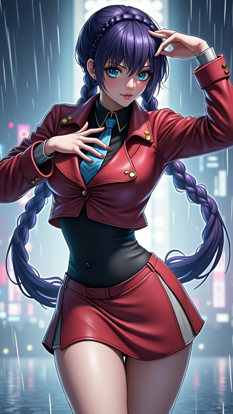 (at night), alone, in a video game scene a background of a beautiful city during the day raining, standing at attention, purple hair, lightning behind her, lightning coming out of her hand ((purple hair)), 1 girl, alone, 20 years old, young woman, perfect hands, beautiful and perfect fingers, long beautiful legs, perfect legs, beautiful body, beautiful nose, beautiful character design, perfect face, look at the viewer with a serious gesture and in a standing position attack (focusing on his face), closed mouth, Light_Smile, official art, extremely detailed CG unity 8k wallpaper, perfect lighting, bright and colorful front lighting, glowing skin (masterpiece: 1.0), (best_quality: 1.0), resolution ultra high, 4K, ultra detailed photography, 8K, HDR, high resolution, nonsense: 1.2, Kodak portra 400, film grain, blurred background, bokeh: 1.2, lens flare, (vibrant_color:1.2), professional photography, (beautiful_face : 1.5), (narrow waist),