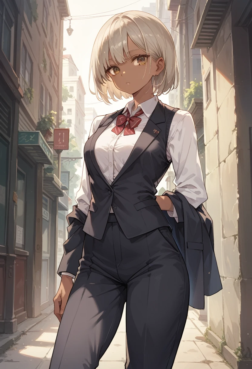 brown skin, platinum blonde hair, hazel eyes, athletic body, tall female, bangs, soft features, black business suit, white blouse, business suit, vest,