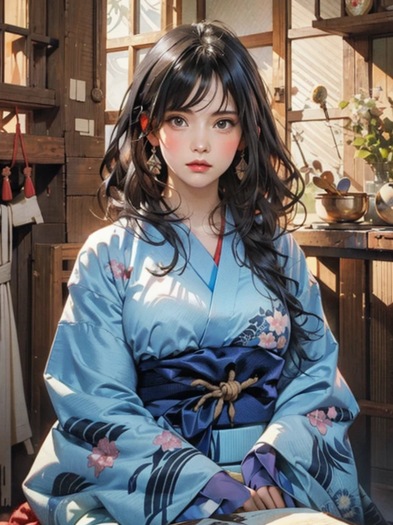 (highest quality、8k、32k、masterpiece)、(masterpiece, up to date,Exceptional:1.2), Anime, One girl,Front hair,black_hair, Beautiful 8k eyes,Looking_in_Audience,One person in,Are standing,((Very beautiful woman, Fuller lips, Japanese pintern kimono))、((Colorful Japanese kimono)))、(((Medium Shot)))、Blunt bung、(High resolution)、Very beautiful face and eyes、1 girl 、Round and small face、Narrow waist、delicine body、(highest quality high detail Rich skin details)、(highest quality、8k、Oil paints:1.2)、Very detailed、(Realistic、Realistic:1.37)、Bright colors、(((blackhair)))、(((longhair)))、(((cowboy pictures)))、((( Inside an old Japanese house)))、(masterpiece, highest quality, highest quality, Official Art, beautifully、aesthetic:1.2), (One girl), Very detailedな,(Fractal Art:1.3),colorful,Most detailed,Sengoku period(High resolution)、Very beautiful face and eyes、1 girl 、Round and small face、Tight waist、Delicine body、(highest quality high detail Rich skin details)、(highest quality、8k、Oil paints:1.2)、(Realistic、Realistic:1.37)、Greg Rutkowski Written by Alphonse Mucha Ropp, sun lips