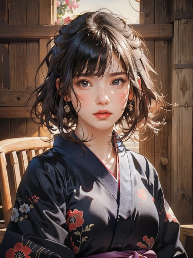 (highest quality、8k、32k、masterpiece)、(masterpiece, up to date,Exceptional:1.2), Anime, One girl,Front hair,black_hair, Beautiful 8k eyes,Looking_in_Audience,One person in,Are standing,((Very beautiful woman, Fuller lips, Japanese pintern kimono))、((Colorful Japanese kimono)))、(((Medium Shot)))、Blunt bung、(High resolution)、Very beautiful face and eyes、1 girl 、Round and small face、Narrow waist、delicine body、(highest quality high detail Rich skin details)、(highest quality、8k、Oil paints:1.2)、Very detailed、(Realistic、Realistic:1.37)、Bright colors、(((blackhair)))、(((longhair)))、(((cowboy pictures)))、((( Inside an old Japanese house)))、(masterpiece, highest quality, highest quality, Official Art, beautifully、aesthetic:1.2), (One girl), Very detailedな,(Fractal Art:1.3),colorful,Most detailed,Sengoku period(High resolution)、Very beautiful face and eyes、1 girl 、Round and small face、Tight waist、Delicine body、(highest quality high detail Rich skin details)、(highest quality、8k、Oil paints:1.2)、(Realistic、Realistic:1.37)、Greg Rutkowski Written by Alphonse Mucha Ropp, sun lips