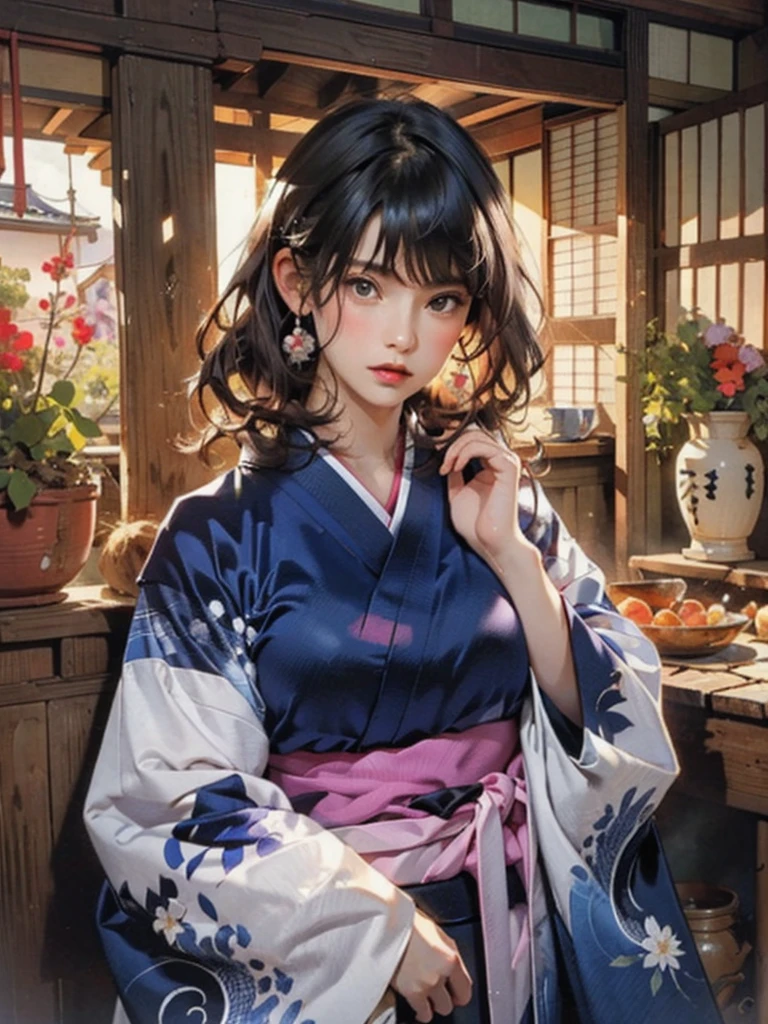 (highest quality、8k、32k、masterpiece)、(masterpiece, up to date,Exceptional:1.2), Anime, One girl,Front hair,black_hair, Beautiful 8k eyes,Looking_in_Audience,One person in,Are standing,((Very beautiful woman, Fuller lips, Japanese pintern kimono))、((Colorful Japanese kimono)))、(((Medium Shot)))、Blunt bung、(High resolution)、Very beautiful face and eyes、1 girl 、Round and small face、Narrow waist、delicine body、(highest quality high detail Rich skin details)、(highest quality、8k、Oil paints:1.2)、Very detailed、(Realistic、Realistic:1.37)、Bright colors、(((blackhair)))、(((longhair)))、(((cowboy pictures)))、((( Inside an old Japanese house)))、(masterpiece, highest quality, highest quality, Official Art, beautifully、aesthetic:1.2), (One girl), Very detailedな,(Fractal Art:1.3),colorful,Most detailed,Sengoku period(High resolution)、Very beautiful face and eyes、1 girl 、Round and small face、Tight waist、Delicine body、(highest quality high detail Rich skin details)、(highest quality、8k、Oil paints:1.2)、(Realistic、Realistic:1.37)、Greg Rutkowski Written by Alphonse Mucha Ropp, sun lips