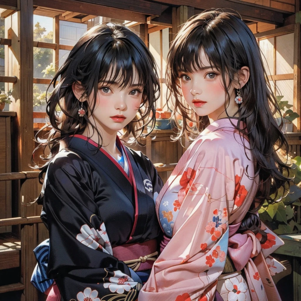 (highest quality、8k、32k、masterpiece)、(masterpiece, up to date,Exceptional:1.2), Anime, One girl,Front hair,black_hair, Beautiful 8k eyes,Looking_in_Audience,One person in,Are standing,((Very beautiful woman, Fuller lips, Japanese pintern kimono))、((Colorful Japanese kimono)))、(((Medium Shot)))、Blunt bung、(High resolution)、Very beautiful face and eyes、1 girl 、Round and small face、Narrow waist、delicine body、(highest quality high detail Rich skin details)、(highest quality、8k、Oil paints:1.2)、Very detailed、(Realistic、Realistic:1.37)、Bright colors、(((blackhair)))、(((longhair)))、(((cowboy pictures)))、((( Inside an old Japanese house)))、(masterpiece, highest quality, highest quality, Official Art, beautifully、aesthetic:1.2), (One girl), Very detailedな,(Fractal Art:1.3),colorful,Most detailed,Sengoku period(High resolution)、Very beautiful face and eyes、1 girl 、Round and small face、Tight waist、Delicine body、(highest quality high detail Rich skin details)、(highest quality、8k、Oil paints:1.2)、(Realistic、Realistic:1.37)、Greg Rutkowski Written by Alphonse Mucha Ropp, sun lips