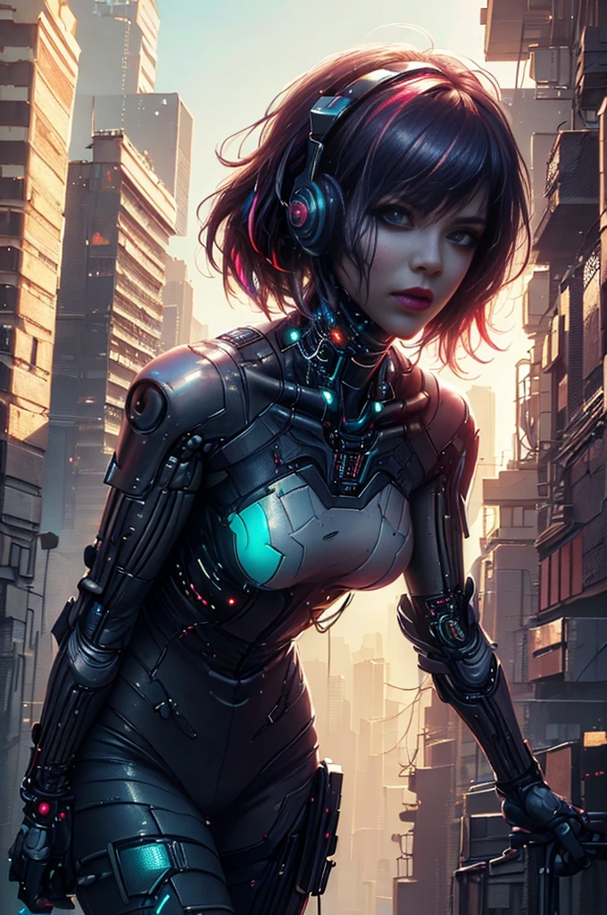 (Photorealistic:1.4) image of a cyber punk girl, (top-quality, 8K, 32K, masterpiece), (dynamic pose), ((facing camera)), (looking at camera), cowboy shot, shapeless hair, colorful hair, colorful cyberpunk clothing, depth of field f/1.8, cyberpunk city background, cinematic lighting.