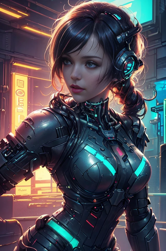 (Photorealistic:1.4) image of a cyber punk girl, (top-quality, 8K, 32K, masterpiece), (dynamic pose), ((facing camera)), (looking at camera), cowboy shot, shapeless hair, colorful hair, colorful cyberpunk clothing, depth of field f/1.8, cyberpunk city background, cinematic lighting.