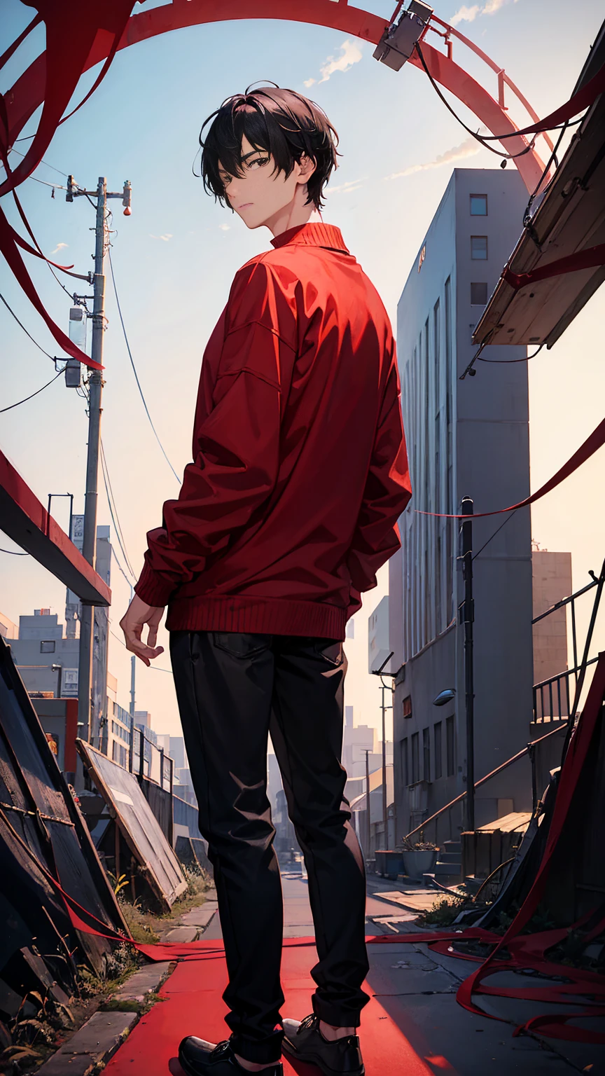 a black-haired man in a red sweatshirt with his back to the viewer, against a backdrop of countless fantastic worlds