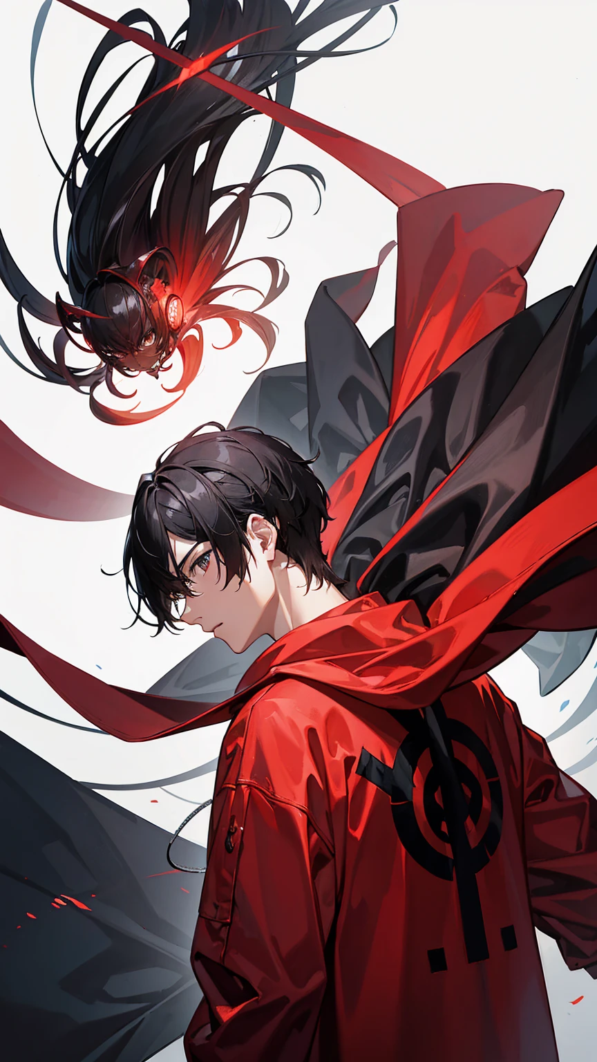 a black-haired man in a red sweatshirt with his back to the viewer, against a backdrop of countless fantastic worlds