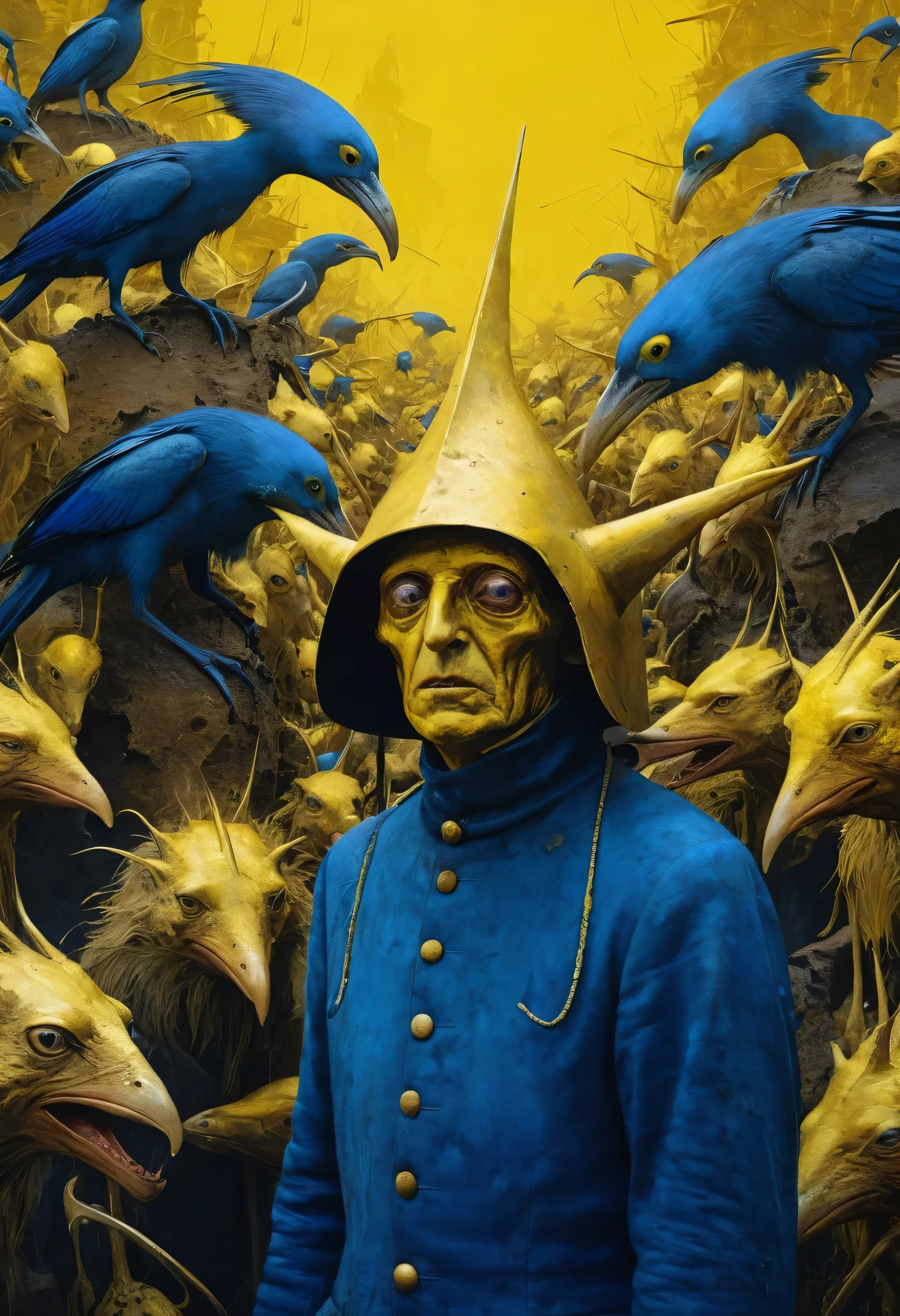 Crazy dream on wastelands beyond fantasy, exploiting a new world coming into his eyes, metallic golden yellow, horror movie scene, realms, dark blue and light yellow, blue and yellow, royal blue and golden yellow, 4D, 8K, photorealistic, dreamlike, fantastic creatures on big and complex composition storytelling, masterpiece, artwork by Hieronymous Bosch, artwork by Jeremy Mann, artwork by Beksinski, artwork by Bernie Wrightson, artwork by René Magrite, Surrealism, Impressionism