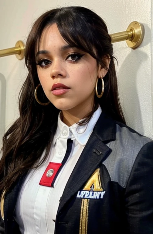 jenna_ortega wearing nascar suit, long hair, eyeliner,
hoop earrings, lipstick,
upper body, solid wall background,