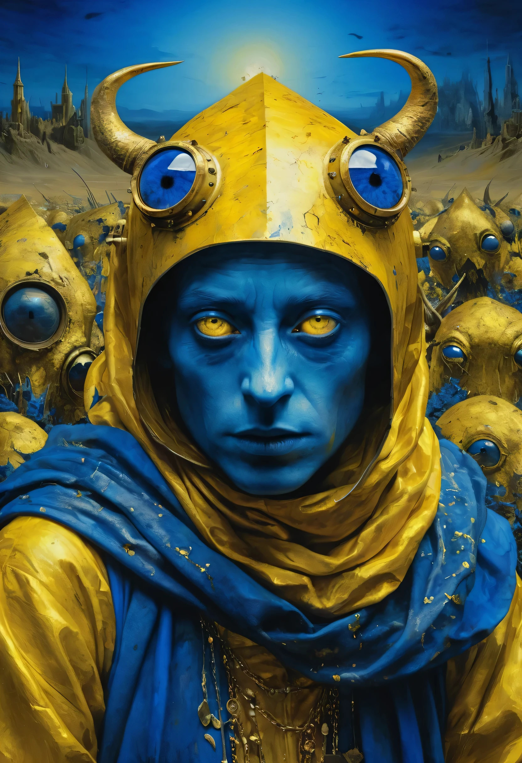 Crazy dream on wastelands beyond fantasy, exploiting a new world coming into his eyes, metallic golden yellow, horror movie scene, realms, dark blue and light yellow, blue and yellow, royal blue and golden yellow, 4D, 8K, photorealistic, dreamlike, fantastic creatures on big and complex composition storytelling, masterpiece, artwork by Hieronymous Bosch, artwork by Jeremy Mann, artwork by Beksinski, artwork by Bernie Wrightson, artwork by René Magrite, Surrealism, Impressionism
