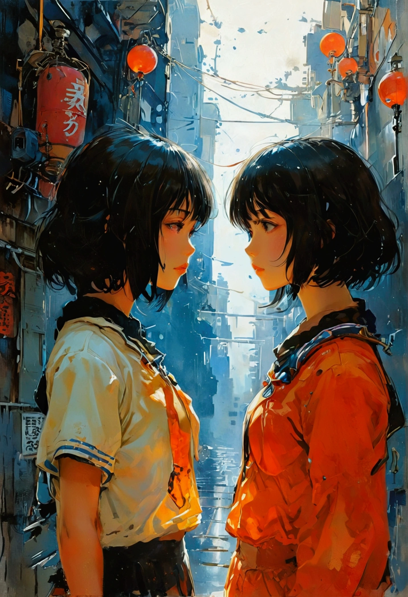 anime girl back to back girl looking at each other, in the style of katsuhiro otomo, satoshi kon artstyle, inspired by Otomo Katsuhiro, satoshi, inspired by Josan Gonzalez, by Otomo Katsuhiro, katsuhiro tomo, satoshi con, katsuhiro - otomo, by Hirohiko Araki, katsuhiro otomo style