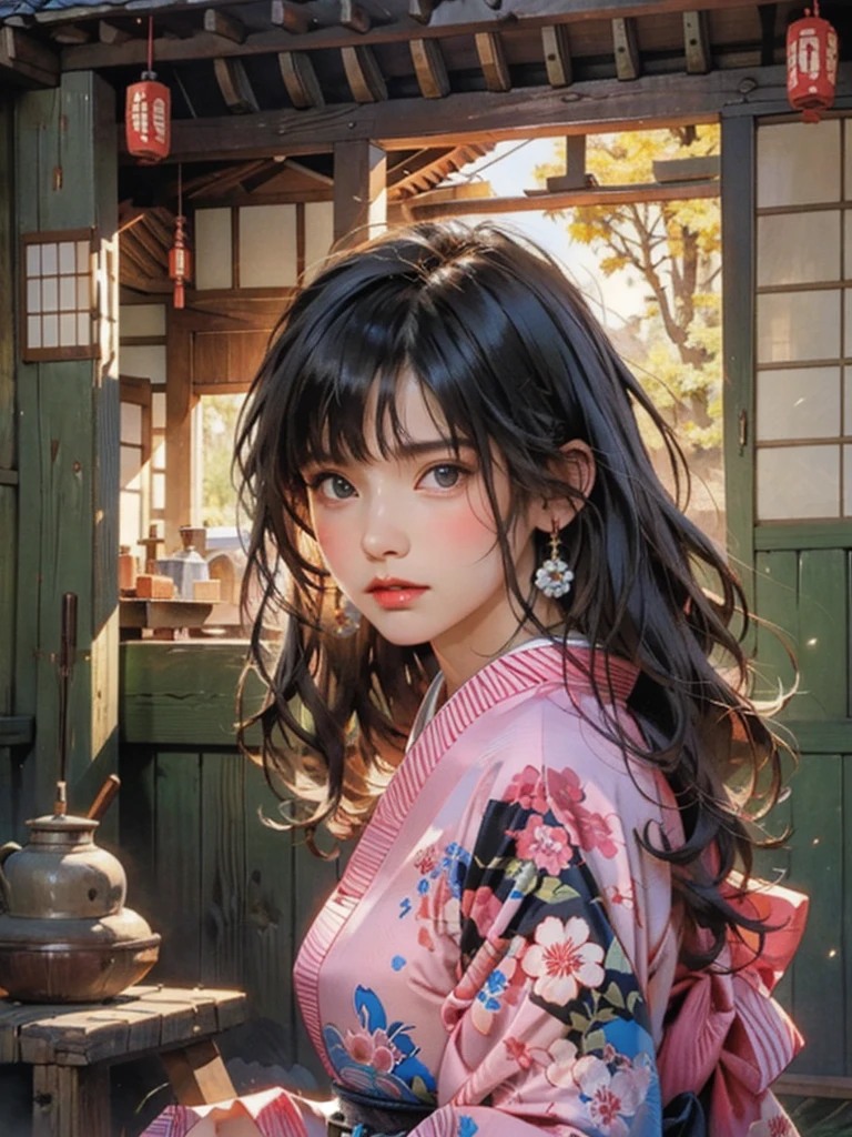 (highest quality、8k、32k、masterpiece)、(masterpiece, up to date,Exceptional:1.2), Anime, One girl,Front hair,black_hair, Beautiful 8k eyes,Looking_in_Audience,One person in,Are standing,((Very beautiful woman, Fuller lips, Japanese pintern kimono))、((Colorful Japanese kimono)))、(((Medium Shot)))、Blunt bung、(High resolution)、Very beautiful face and eyes、1 girl 、Round and small face、Narrow waist、delicine body、(highest quality high detail Rich skin details)、(highest quality、8k、Oil paints:1.2)、Very detailed、(Realistic、Realistic:1.37)、Bright colors、(((blackhair)))、(((longhair)))、(((cowboy pictures)))、((( Inside an old Japanese house)))、(masterpiece, highest quality, highest quality, Official Art, beautifully、aesthetic:1.2), (One girl), Very detailedな,(Fractal Art:1.3),colorful,Most detailed,Sengoku period(High resolution)、Very beautiful face and eyes、1 girl 、Round and small face、Tight waist、Delicine body、(highest quality high detail Rich skin details)、(highest quality、8k、Oil paints:1.2)、(Realistic、Realistic:1.37)、Greg Rutkowski Written by Alphonse Mucha Ropp, sun lips