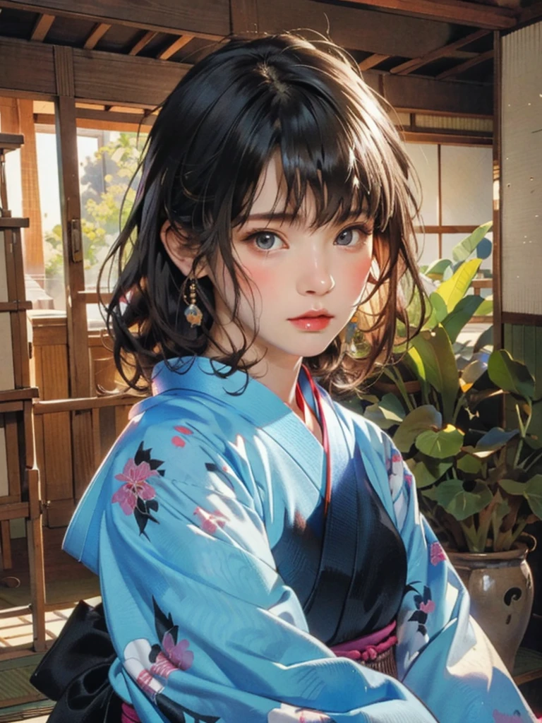 (highest quality、8k、32k、masterpiece)、(masterpiece, up to date,Exceptional:1.2), Anime, One girl,Front hair,black_hair, Beautiful 8k eyes,Looking_in_Audience,One person in,Are standing,((Very beautiful woman, Fuller lips, Japanese pintern kimono))、((Colorful Japanese kimono)))、(((Medium Shot)))、Blunt bung、(High resolution)、Very beautiful face and eyes、1 girl 、Round and small face、Narrow waist、delicine body、(highest quality high detail Rich skin details)、(highest quality、8k、Oil paints:1.2)、Very detailed、(Realistic、Realistic:1.37)、Bright colors、(((blackhair)))、(((longhair)))、(((cowboy pictures)))、((( Inside an old Japanese house)))、(masterpiece, highest quality, highest quality, Official Art, beautifully、aesthetic:1.2), (One girl), Very detailedな,(Fractal Art:1.3),colorful,Most detailed,Sengoku period(High resolution)、Very beautiful face and eyes、1 girl 、Round and small face、Tight waist、Delicine body、(highest quality high detail Rich skin details)、(highest quality、8k、Oil paints:1.2)、(Realistic、Realistic:1.37)、Greg Rutkowski Written by Alphonse Mucha Ropp, sun lips