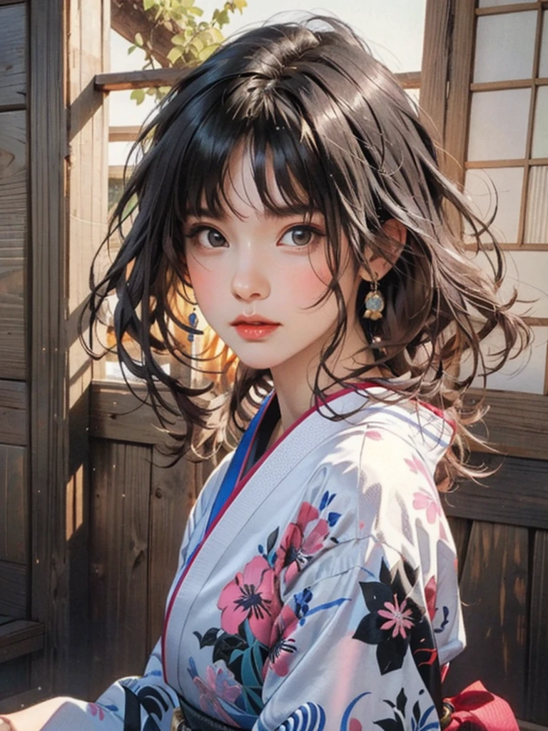 (highest quality、8k、32k、masterpiece)、(masterpiece, up to date,Exceptional:1.2), Anime, One girl,Front hair,black_hair, Beautiful 8k eyes,Looking_in_Audience,One person in,Are standing,((Very beautiful woman, Fuller lips, Japanese pintern kimono))、((Colorful Japanese kimono)))、(((Medium Shot)))、Blunt bung、(High resolution)、Very beautiful face and eyes、1 girl 、Round and small face、Narrow waist、delicine body、(highest quality high detail Rich skin details)、(highest quality、8k、Oil paints:1.2)、Very detailed、(Realistic、Realistic:1.37)、Bright colors、(((blackhair)))、(((longhair)))、(((cowboy pictures)))、((( Inside an old Japanese house)))、(masterpiece, highest quality, highest quality, Official Art, beautifully、aesthetic:1.2), (One girl), Very detailedな,(Fractal Art:1.3),colorful,Most detailed,Sengoku period(High resolution)、Very beautiful face and eyes、1 girl 、Round and small face、Tight waist、Delicine body、(highest quality high detail Rich skin details)、(highest quality、8k、Oil paints:1.2)、(Realistic、Realistic:1.37)、Greg Rutkowski Written by Alphonse Mucha Ropp, sun lips