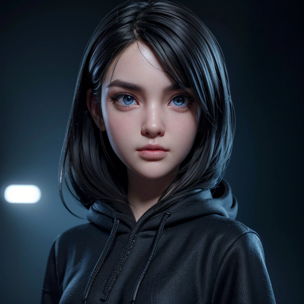 3D girl, black hoodie, hacker looking forward, dynamic lighting, blurred background, Pixar style, extremely detailed face, beautiful detailed eyes, beautiful detailed lips, long eyelashes, highly detailed, 8k, professional, photo-realistic, intricate, cinematic lighting, dramatic shadows, vibrant colors, cinematic composition