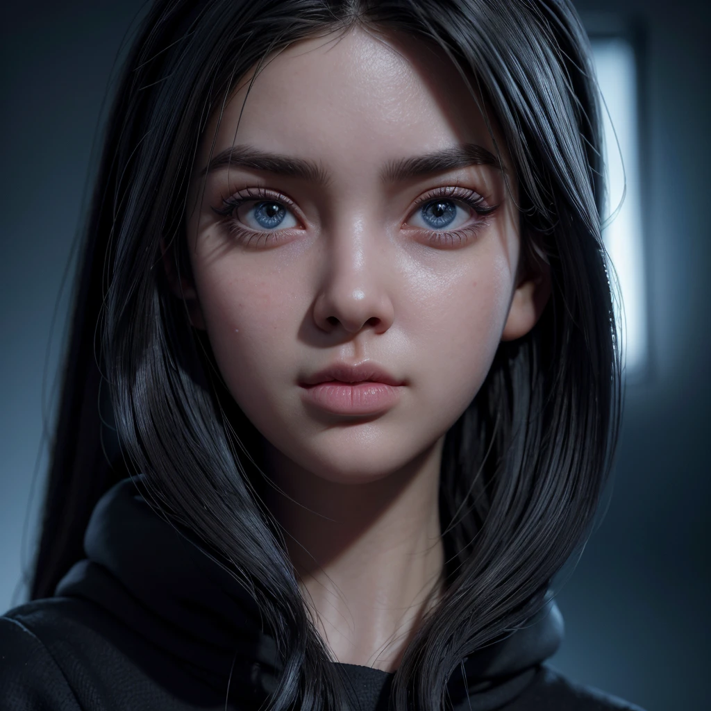 3D girl, black hoodie, hacker looking forward, dynamic lighting, blurred background, Pixar style, extremely detailed face, beautiful detailed eyes, beautiful detailed lips, long eyelashes, highly detailed, 8k, professional, photo-realistic, intricate, cinematic lighting, dramatic shadows, vibrant colors, cinematic composition