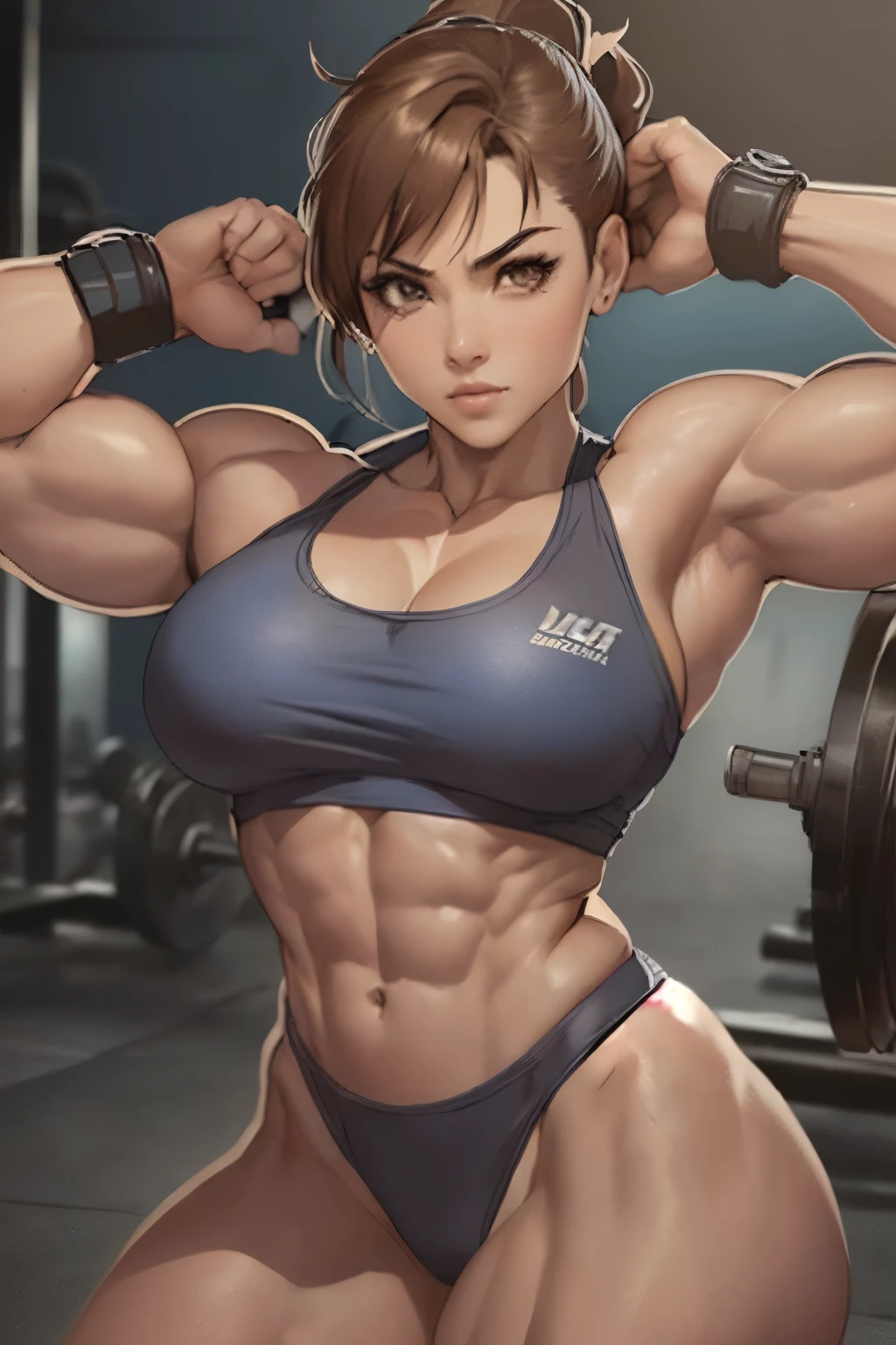 a close up of a woman with a muscular body posing, chun li at the gym, muscular girl, muscular sweat lara croft, muscular!!, muscular!, feminine and muscular, strong and imposing, big muscles, muscular!!!, massive muscles, female protagonist 👀 :8, strong pose, bursting with muscles, muscular character, strong and muscular, super buff and cool