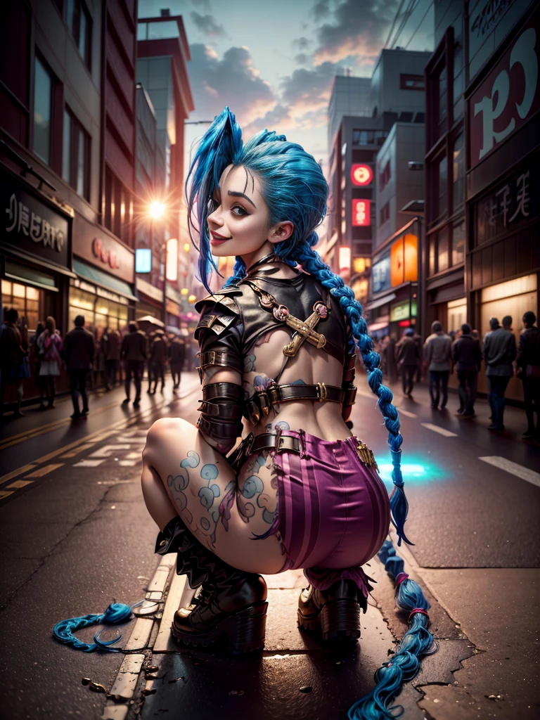 ((Jinx wears a Harajuku Tech costume), Cowboy-shot, wind, tousled hair, (Aesthetics and atmosphere:1.2),smiling, Laugh, from the back, crouching