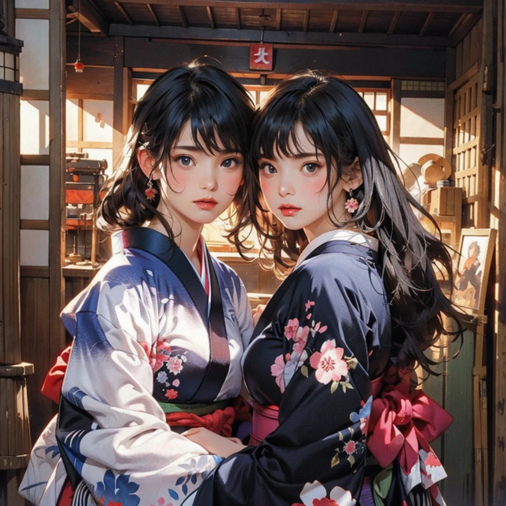 (highest quality、8k、32k、masterpiece)、(masterpiece, up to date,Exceptional:1.2), Anime, One girl,Front hair,black_hair, Beautiful 8k eyes,Looking_in_Audience,One person in,Are standing,((Very beautiful woman, Fuller lips, Japanese pintern kimono))、((Colorful Japanese kimono)))、(((Medium Shot)))、Blunt bung、(High resolution)、Very beautiful face and eyes、1 girl 、Round and small face、Narrow waist、delicine body、(highest quality high detail Rich skin details)、(highest quality、8k、Oil paints:1.2)、Very detailed、(Realistic、Realistic:1.37)、Bright colors、(((blackhair)))、(((longhair)))、(((cowboy pictures)))、((( Inside an old Japanese house)))、(masterpiece, highest quality, highest quality, Official Art, beautifully、aesthetic:1.2), (One girl), Very detailedな,(Fractal Art:1.3),colorful,Most detailed,Sengoku period(High resolution)、Very beautiful face and eyes、1 girl 、Round and small face、Tight waist、Delicine body、(highest quality high detail Rich skin details)、(highest quality、8k、Oil paints:1.2)、(Realistic、Realistic:1.37)、Greg Rutkowski Written by Alphonse Mucha Ropp, sun lips